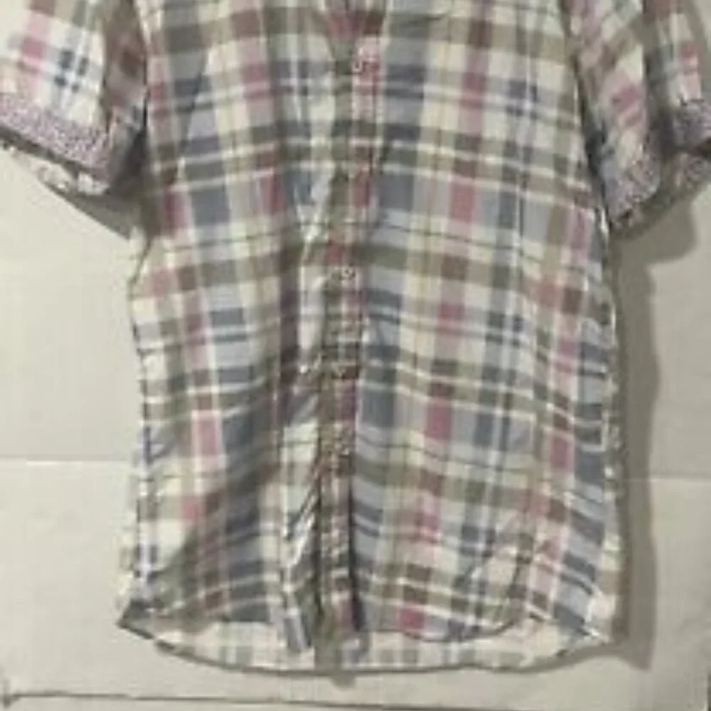 Bugatchi Men's M Button-Up Plaid Cotton Shaped Fit Short Sleeve Shirt - Picture 5 of 7